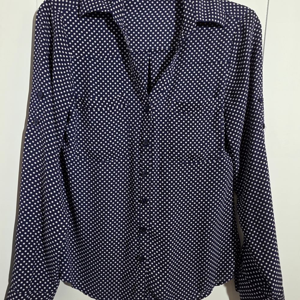Womens Classic Navy Polka Dot Button-Down Shirt